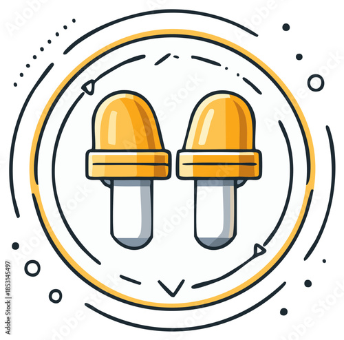 Yellow stylized earplugs icon with circular frame and decorative lines for hearing protection