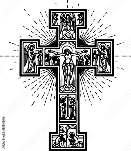 Christian Cross with Radiant Light and Sacred Drapery Silhouette