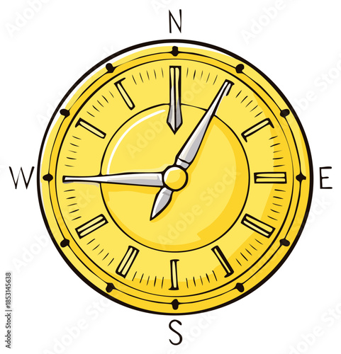 Hand drawn golden compass clock illustration combining timekeeping and navigation concepts