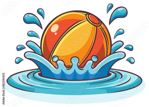 Bright orange and yellow beach ball splashing into blue water with spray