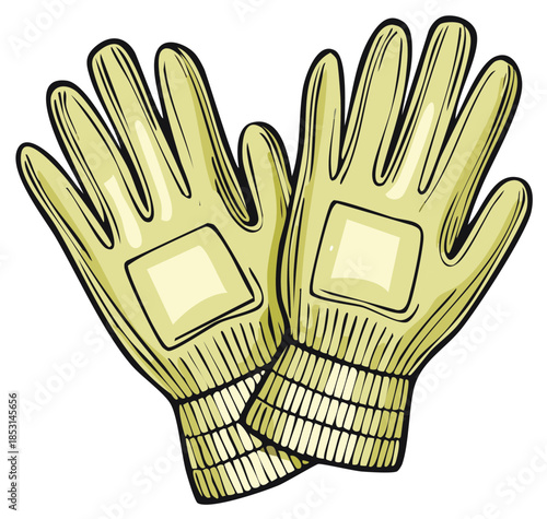 Pair of yellow work gloves with reinforced palms and knitted cuffs for hand protection