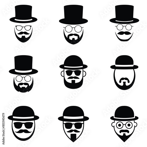 Bearded men with hats and glasses icon set