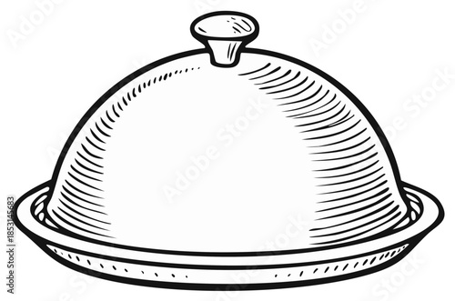 Hand drawn vintage style illustration of a restaurant cloche on a serving platter.