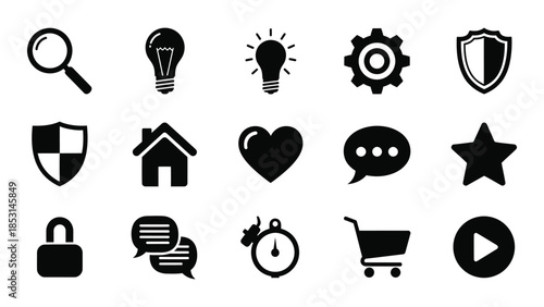 Collection of black icons representing ideas security and technology silhouette