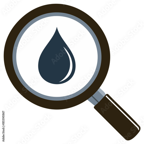 Magnifying glass examining a pure dark blue water drop icon for liquid analysis and quality