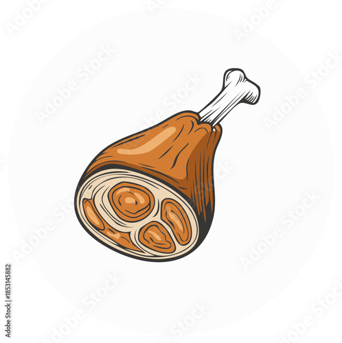 Vintage illustration of a cooked ham hock with exposed bone and sliced meat