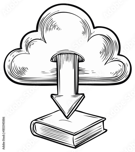 Digital download cloud icon with arrow pointing to book, symbolizing ebook downloads or digital library