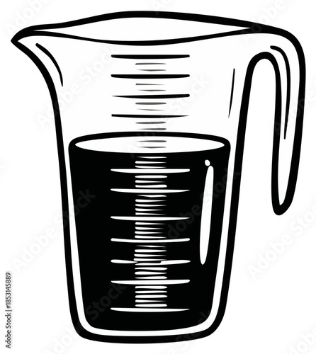 Stylized monochrome vector drawing of a kitchen measuring cup with liquid and clear measurement lines
