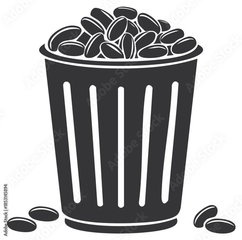 Stylized black icon of a waste bin brimming with coffee beans, with several beans spilled on the ground.