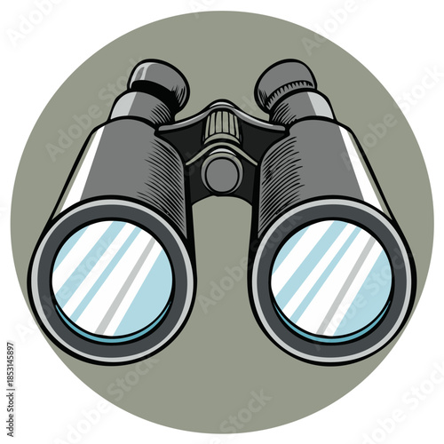 Cartoon style binoculars, spyglass illustration in gray circle, search and exploration concept, travel or adventure