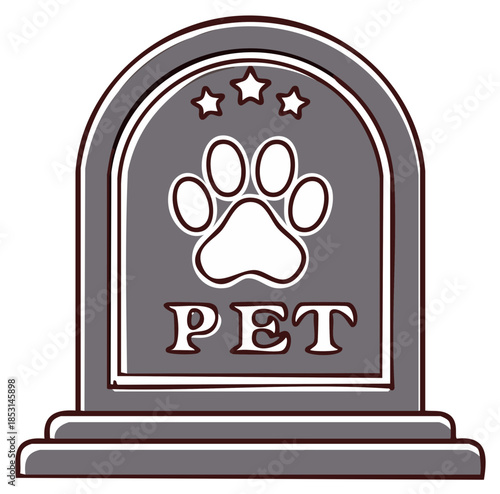 Pet gravestone memorial with a paw print and stars vector icon for remembrance