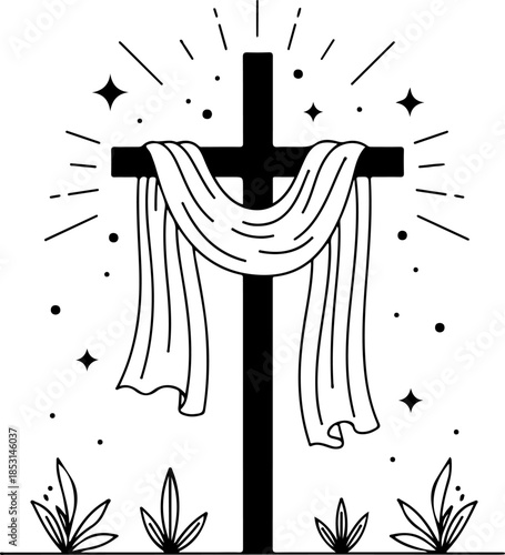 Christian Cross with Radiant Light and Sacred Drapery Silhouette
