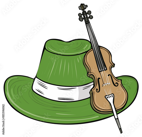 Stylized green hat and folk fiddle artwork for Irish themed celebrations and events