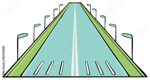 Illustration of a long stretch of empty highway with central dividing lines and streetlights running along edges