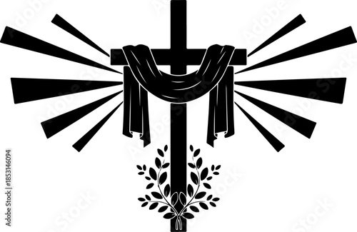 Christian Cross with Radiant Light and Sacred Drapery Silhouette