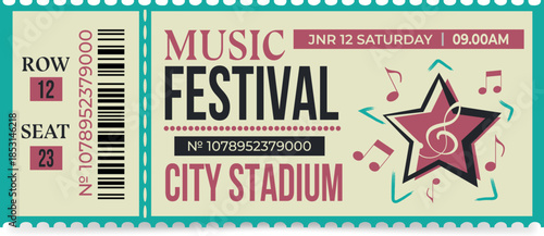 Retro Music Festival Ticket Design with Star, Musical Notes and Barcode