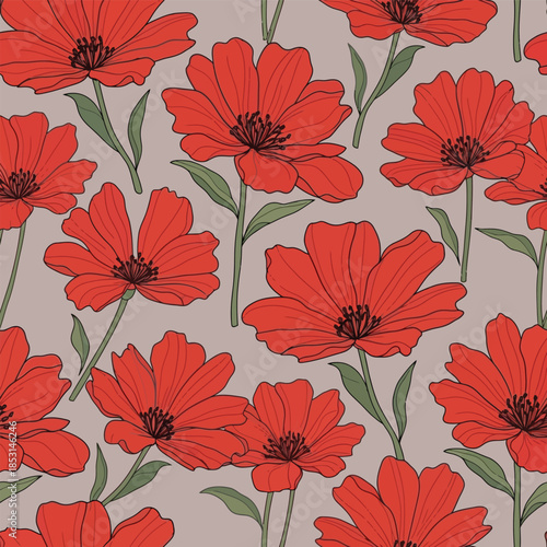 Seamless vintage floral vector illustration featuring a pattern with red poppy blossoms and green leaves for spring nature wallpaper or textile fabric design.