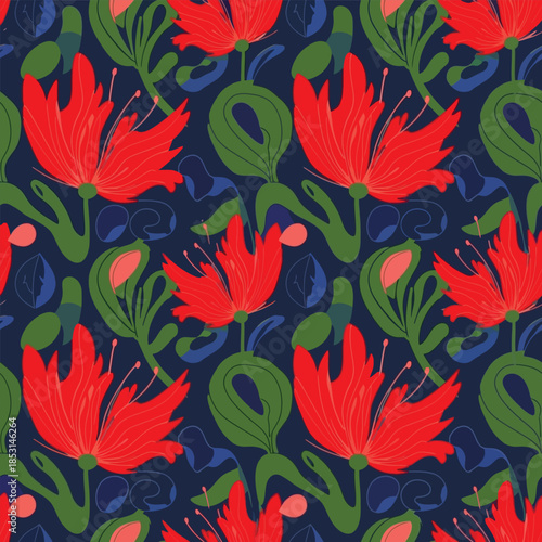 seamless pattern with flowers on black background.