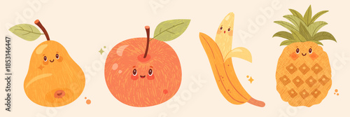 Cute fruity characters in a playful  style. Pear, apple, banana and pineapple with sweet faces and soft textures create a cheerful decorative illustration.
