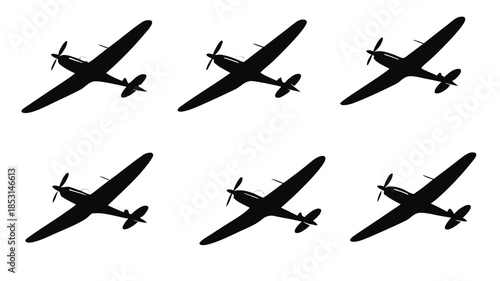 Vector illustration collection of six black airplanes flying in different directions