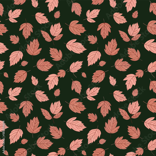 Seamless pattern of pink autumn leaves on dark green background.