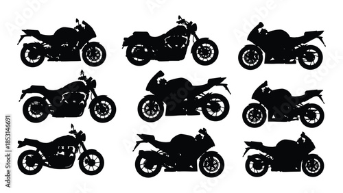 Collection of various motorcycle designs presented as a striking black silhouette