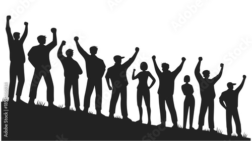 Vector illustration a group of people celebrating on a hill with raised arms in black silhouette