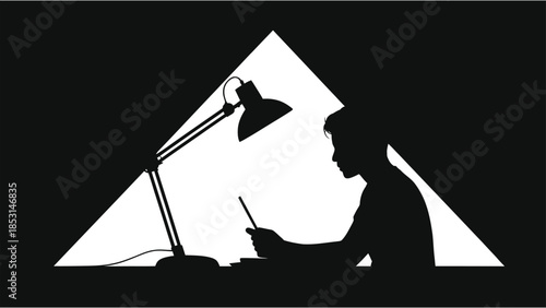 E-Learning Vector: Silhouette of Student Studying at Night with Desk Lamp, Modern Digital Education Concept, Isolated on Black Background, Minimalist Design
