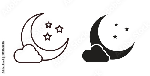 Cloud moon icons. thin line and glyph vector icons pack on white background