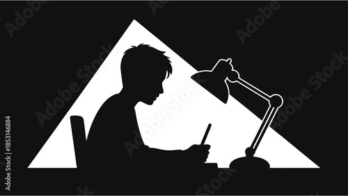 Student Studying at Night Silhouette with Desk Lamp for E-Learning and Education Concept, Boy Doing Homework Late Night, Online Learning Vector Illustration, Academic Exam Preparation at Home Icon