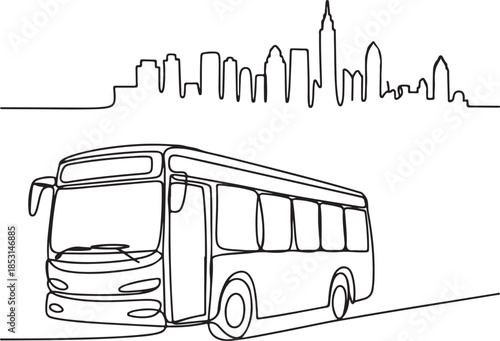 Continuous line art illustration of organic sketch contour forming a city bus with skyline outline