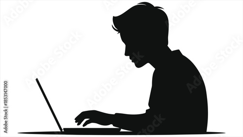Side view silhouette vector of student studying on laptop for e-learning, online education remote study digital classroom distance learning focused learner working at computer desk, homework and tasks