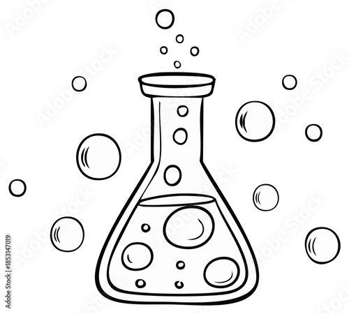 Cartoon Erlenmeyer flask with bubbles. Laboratory illustration for chemistry and science concepts.