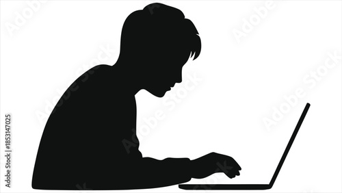 Student studying on laptop silhouette vector. Side view of man typing for e-learning and online education concept. Black icon for remote work, freelance, and digital learning design.