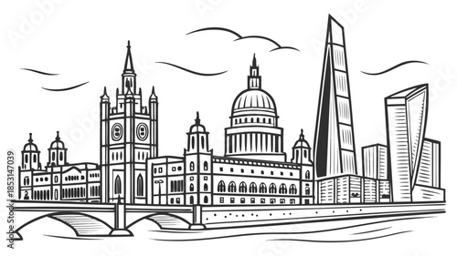 Vector illustration black and white illustration of london city skyline with famous buildings