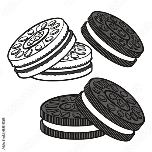 Vector illustration stacked oreo cookies on a white surface