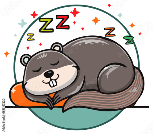 Cartoon beaver napping soundly on orange pillow, surrounded by stars and a circle