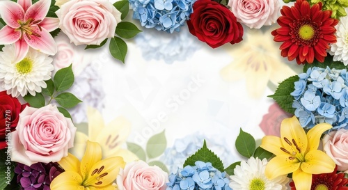 Vibrant floral frame with roses, lilies, daisies, and hydrangeas on white background