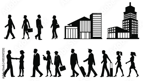 Vector illustration silhouettes of people walking in a city