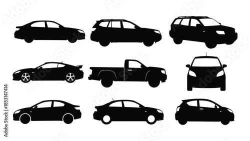 Collection of various vehicle types in black showcasing a distinct silhouette