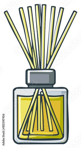 Aromatherapy reed diffuser with essential oil and sticks cartoon vector illustration