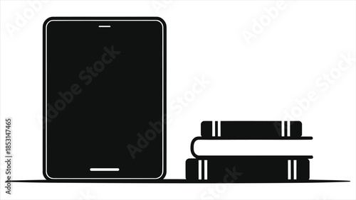 Minimalist Bookshelf Silhouette Vector Illustration with Stack of Books for E-Learning, Online Education, Digital Learning, Library, Academic Study, Back to School, Knowledge and Literature Icon.