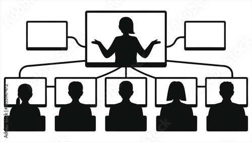 E-learning vector concept. Teacher and students connected via screens in virtual classroom. Online education, distance learning, video conference silhouette icon. Remote study illustration.