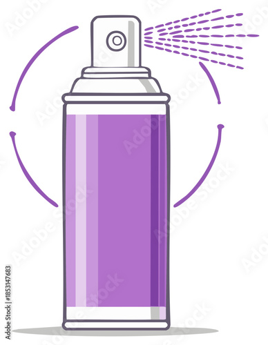 Vector illustration of a purple aerosol can being shaken and spraying a fine mist
