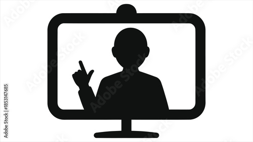 Online learning webinar icon – teacher presenting on computer screen, virtual classroom instructor silhouette, distance education, e‑learning training course illustration, digital teaching vector