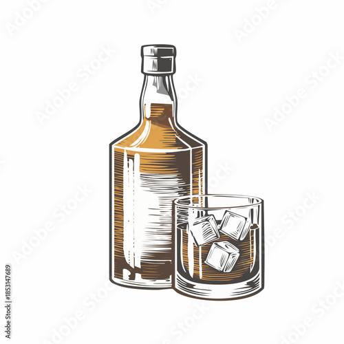 Engraved etching style icon of a whiskey bottle with a crystal glass and ice cubes, featuring hand-drawn vintage lines, ideal for bar branding, menu design, and classic beverage illustrations.