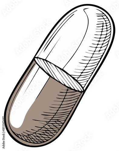 Hand drawn capsule illustration. Healthcare and medicine concept. Vitamin or drug symbol.