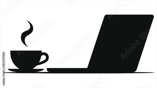 E-learning workspace vector silhouette with coffee cup and laptop, online study concept for distance education, remote training, digital classroom, minimal black icon on white background isolated flat