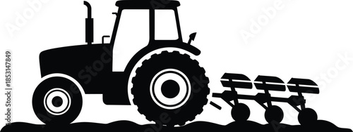 Black silhouette of a tractor plowing a field representing agriculture and farming isolated on white background
