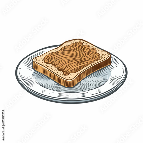 Vintage engraving style illustration of an Australian Vegemite toast slice on a ceramic plate, featuring classic line details, ideal for breakfast menus, food icons, and culinary branding.